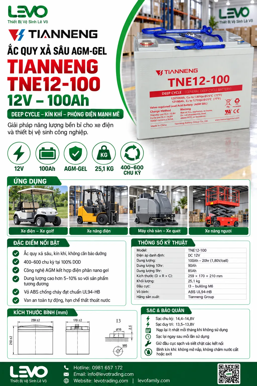 Bình ắc quy TNE 12 100Ah dùng cho máy chà sàn liên hợp