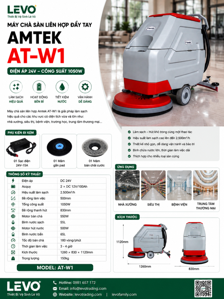 Máy Chà Sàn Liên Hợp Đẩy Tay Amtek AT-W1 (24V - 1050W)
