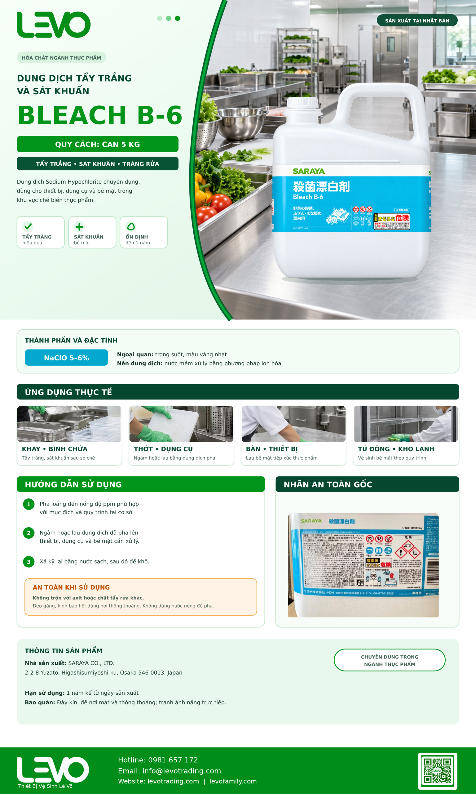 Dung dịch Bleach B-6 Saraya 5kg chứa Sodium Hypochlorite