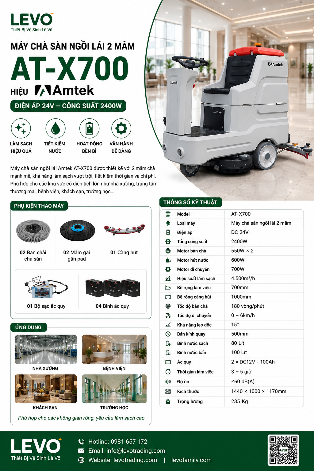 Máy chà sàn ngồi lái 2 mâm Amtek AT-X700 công suất 2400W