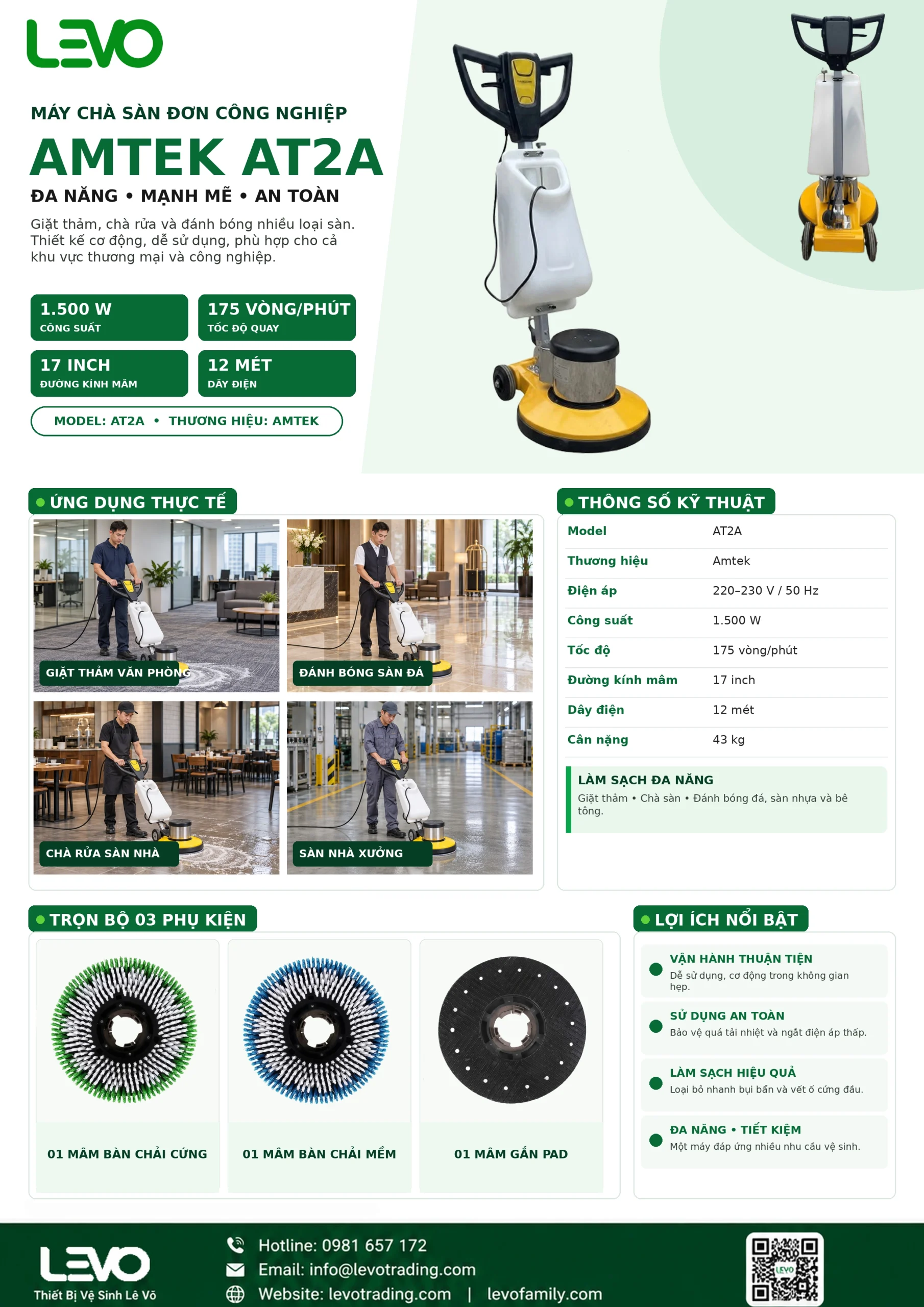 Máy chà sàn đơn Amtek AT2A công suất 1500W, đường kính mâm 17 inch, tốc độ 175 vòng/phút